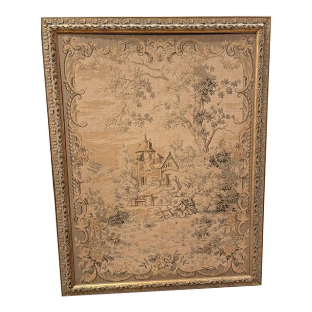 19th Century Hand Woven, Linen Tapestry of a Pastoral Cottage Scene in Muted Peach and Green 28"x38" Inches, Framed Ready to Hang For Sale