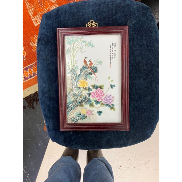 Mid 20th Century Chinese Ceramic Porcelain Wall Plaque, Orange Birds on Rock For Sale - Image 10 of 10