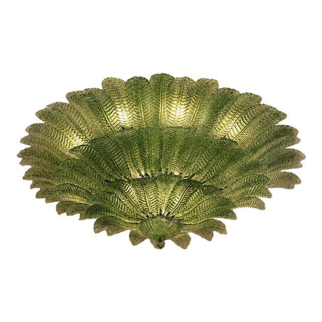 Monumental Imperial Luxury Venetian Green ” Leaves Graniglia” Murano Glass Flush Mount in Mazzega Zuccheri Venini Barovier Style For Sale