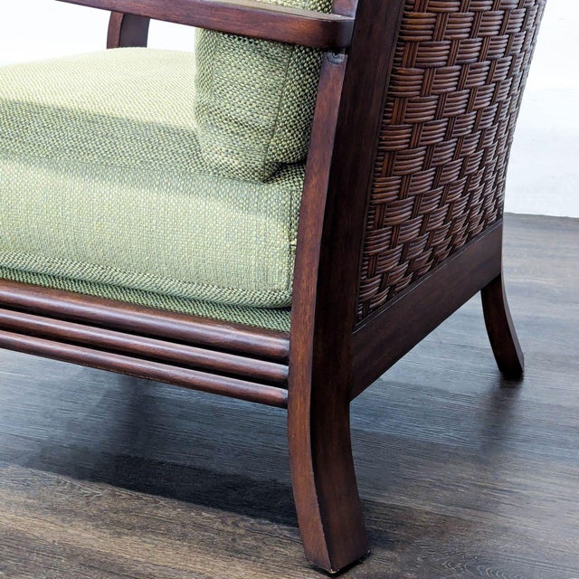 Wood Ethan Allen Jamaica Lounge Chair With Curved Wood Arms and Green Cushions For Sale - Image 7 of 8