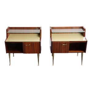 Pair of Vintage Italian Rosewood and Brass Two-Tier Nightstands / Bedside Tables