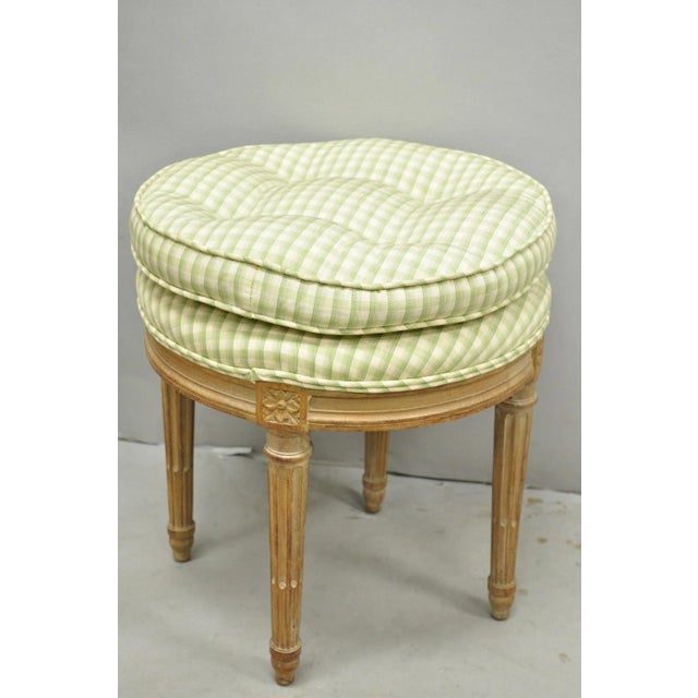 Green Vintage French Country Louis XVI Style Round Seat Carved Vanity Stool Chair For Sale - Image 8 of 11
