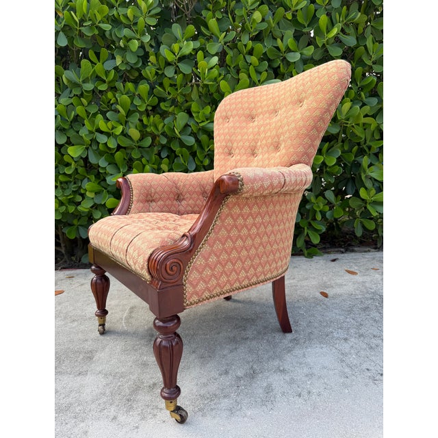 English Vintage Hickory Chair Edwardian Club Chair in Mahogany With Brass Casters For Sale - Image 3 of 12