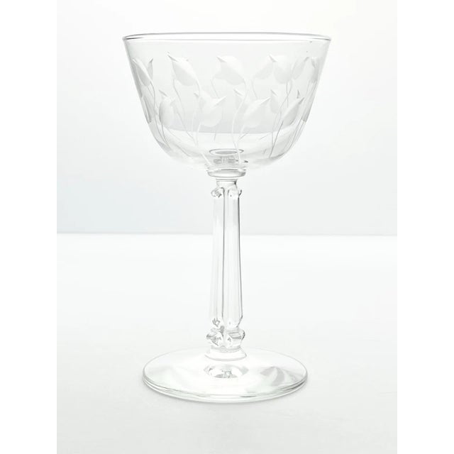 American 1950s Libbey “Crystal Leaf” Set of 7 Coupe Champagne Glasses For Sale - Image 3 of 5