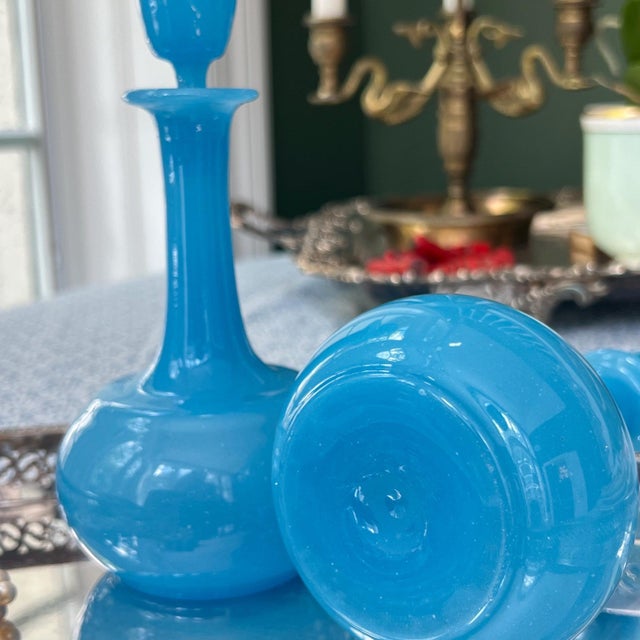 Blue Beautiful pair of antique French blue opaline glass decanters with stoppers // large perfume / scent bottles // vanity decor // boudoir For Sale - Image 8 of 9
