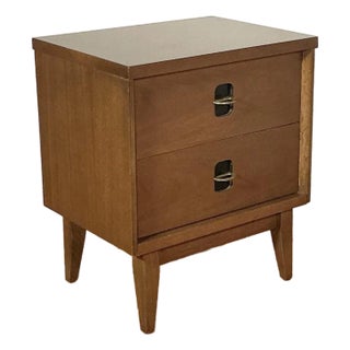 Mid 20th Century Modern Walnut Bassett Nightstand Brass + Black 2 Drawer For Sale