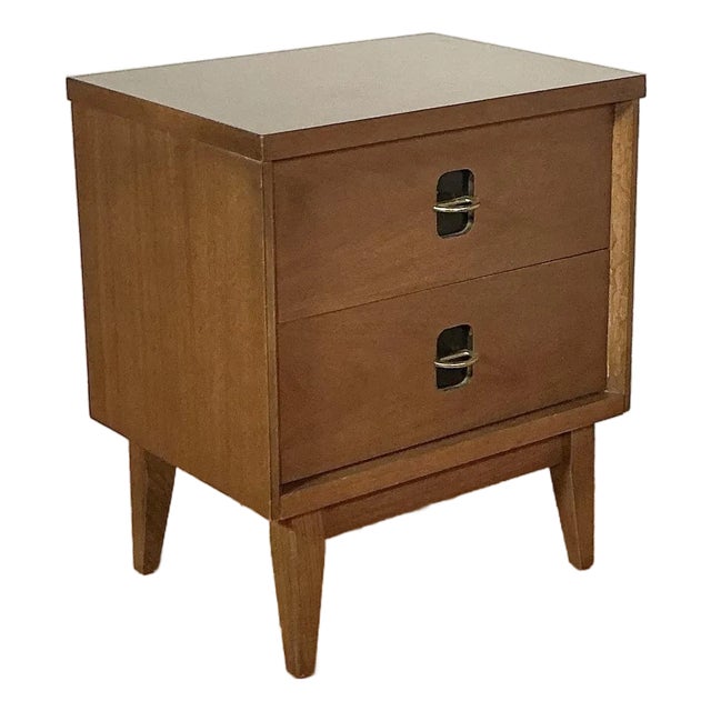 Mid Century Modern Walnut Bassett Nightstand Brass + Black 2 Drawer For Sale