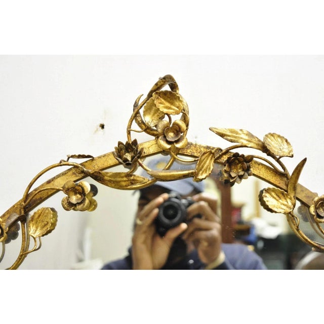 Hollywood Regency Vintage Italian Hollywood Regency Gold Gilt Iron Floral Wall Sconce Oval Mirror For Sale - Image 3 of 11