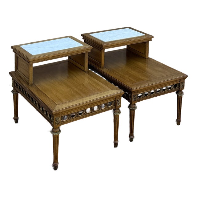 Vintage Gordon's Fine Furniture French Louis XVI Walnut Step Back Side Tables With Italian Marble Inserts - A Pair For Sale