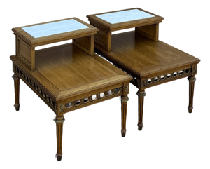 Vintage Gordon's Fine Furniture French Louis XVI Walnut Step Back Side Tables With Italian Marble Inserts - A Pair