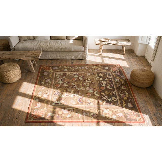 1830s Brown Floral Antique French Aubusson Rug 5'3"x 5'4" Louis Philippe - Period Flatweave Wool Carpet For Sale In New York - Image 6 of 7