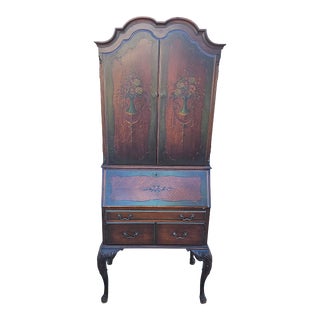 Hand Painted 1920's Walnut Secretary Ladies Desk For Sale