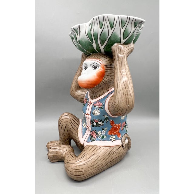 Ceramic Vintage Ceramic Monkey With Bok Choy Bowl & Floral Vest — Chinoiserie / Hollywood Regency / Whimsical For Sale - Image 7 of 11
