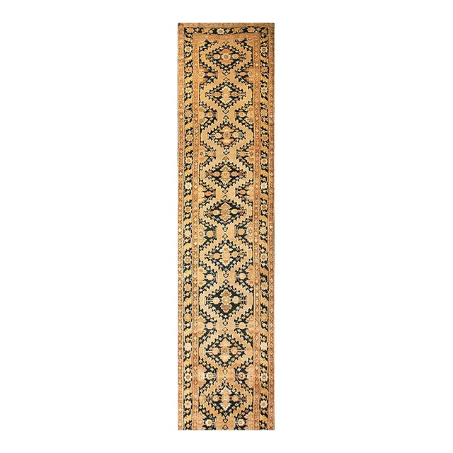 Charming Tan-Camel Background Color and Black Border With Rhombus Pattern Antique Caucasian Karabagh Rug For Sale