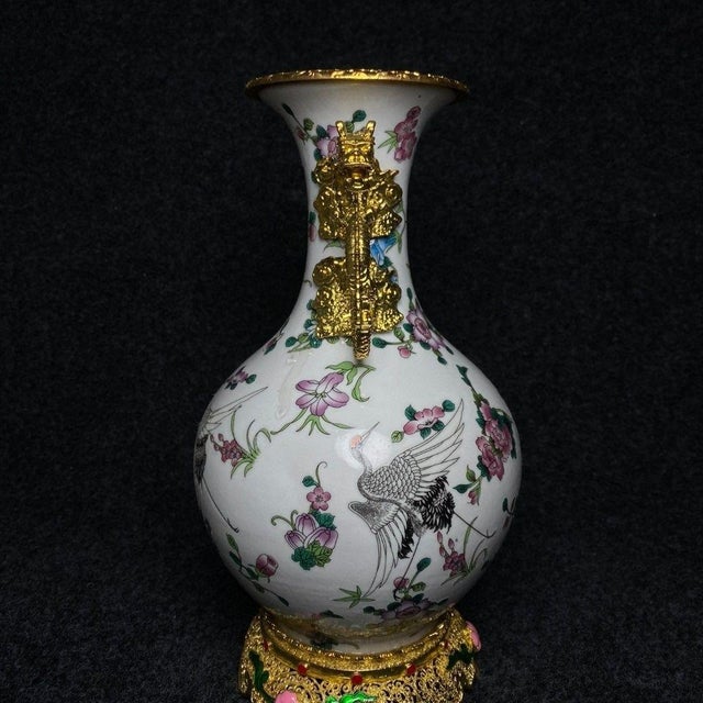 Chinese Vintage Gilt Bronze Mounted Porcelain Vase - Famille Rose Floral Motif For Sale - Image 3 of 9