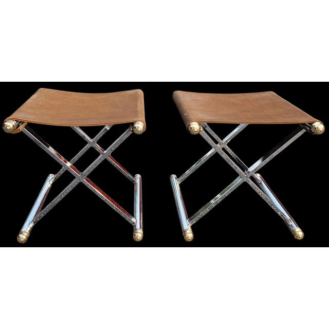 Hollywood Regency Pair of Vintage Hollywood Regency Maison Jansen Style X-Frame Chrome and Brass Stools For Sale - Image 4 of 8