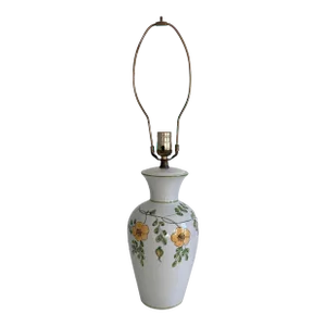 Vintage Ceramic Floral Pattern Yellow Green Colors Crackle Glaze Finish Table Lamp, Made in Italy Circa 1970