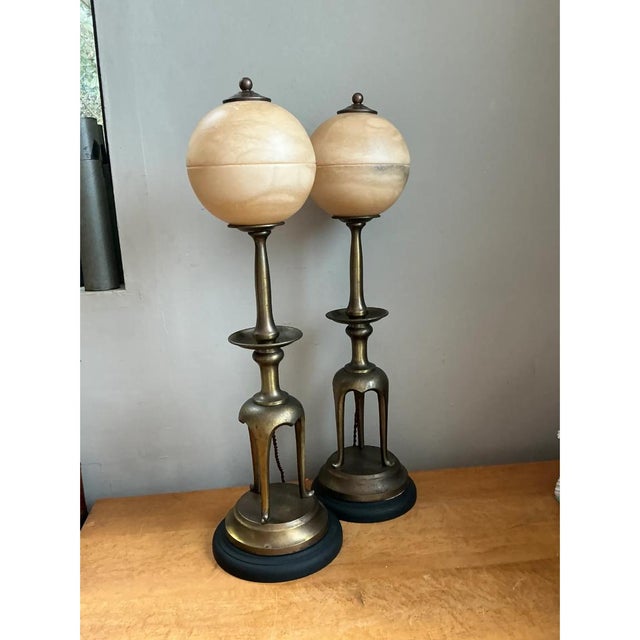Vintage Brass and Alabaster Table Lamps - Pair For Sale - Image 12 of 12