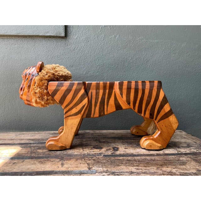 Vintage Handcrafted Wood and Jute Tiger Stool For Sale - Image 4 of 16