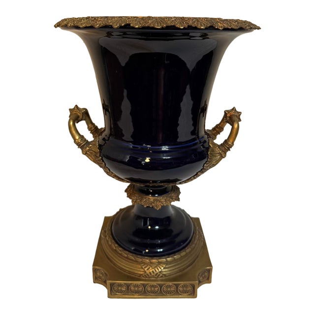 1990s United Wilson Porcelain Cobalt Urn Vase & Platform Base Gilt Bronze Mounts For Sale