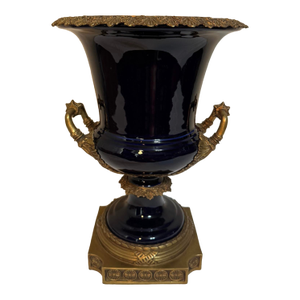 1990s United Wilson Porcelain Cobalt Urn Vase & Platform Base Gilt Bronze Mounts