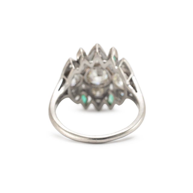 Metal Antique Art Deco Platinum CTW Old Cut Diamond & Emerald Dinner Cocktail Ring, Size 8 For Sale - Image 7 of 9
