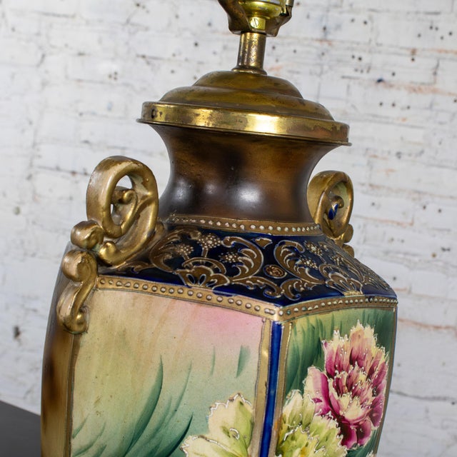 Early 20th Century Floral Table Lamp Hand Painted Porcelain Style of Royal Nippon Black Bell Shade For Sale - Image 14 of 18