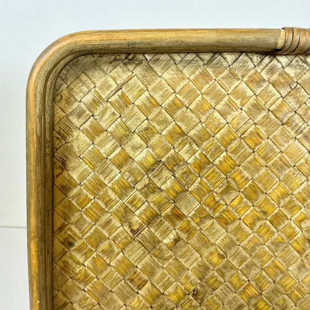 Mid-Century Boho Chic Coastal Gold Gilt Washed Wicker and Bentwood Tray For Sale - Image 4 of 15