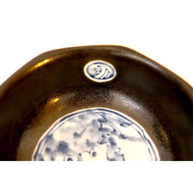 Mid 20th Century Vintage Mid 20th Century Brownish-Black Korean Glazed Octagonal Bowl With Blue and White Ceramic For Sale - Image 5 of 8