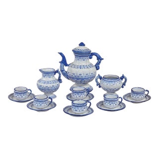 Vintage Spanish Talavera Blue and White 16 Piece Coffee Set For Sale