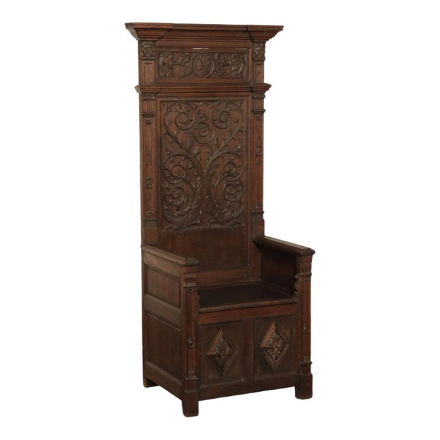 Antique French Renaissance Revival Oak Throne Chair Hall Seat For Sale