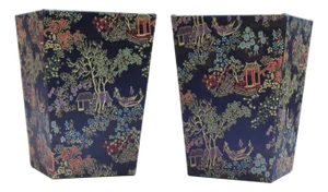 Vintage Navy Blue Chinoiserie Brocade Square Cachepot Planter – Set of 2 Oriental Silk Waste Bins
