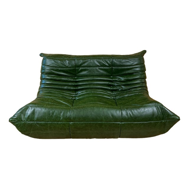 Green Dubai Leather Togo 2-Seater Sofa by Michel Ducaroy for Ligne Roset For Sale