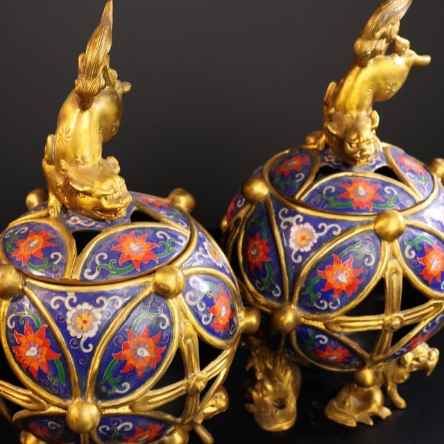 Bronze Pair of Chinese Cloisonné Incense Burners | Gilt Bronze Lion & Brocade Ball Motif For Sale - Image 8 of 9