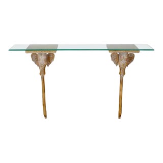Late 20th Century Hollywood Regency Animalia Elephant Head Sconce Console Table W/Glass Top For Sale