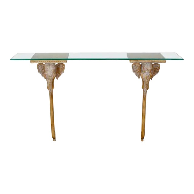Late 20th Century Hollywood Regency Animalia Elephant Head Sconce Console Table W/Glass Top For Sale