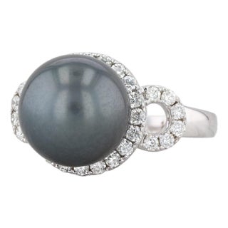 New Tahitian Black Pearl 0.55ctw Diamond Halo Ring 14k White Gold Size 7 For Sale