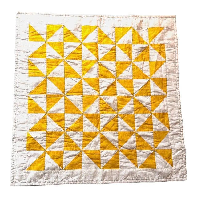 1950s American Patchwork Bowtie Quilt — Sunshine Yellow & White Cotton 35” Square For Sale - Image 10 of 18
