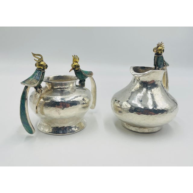 Silver 1950s Los Castillo Malachite-Inlaid Bird Creamer & Sugar Set, Taxco Mexico For Sale - Image 8 of 18