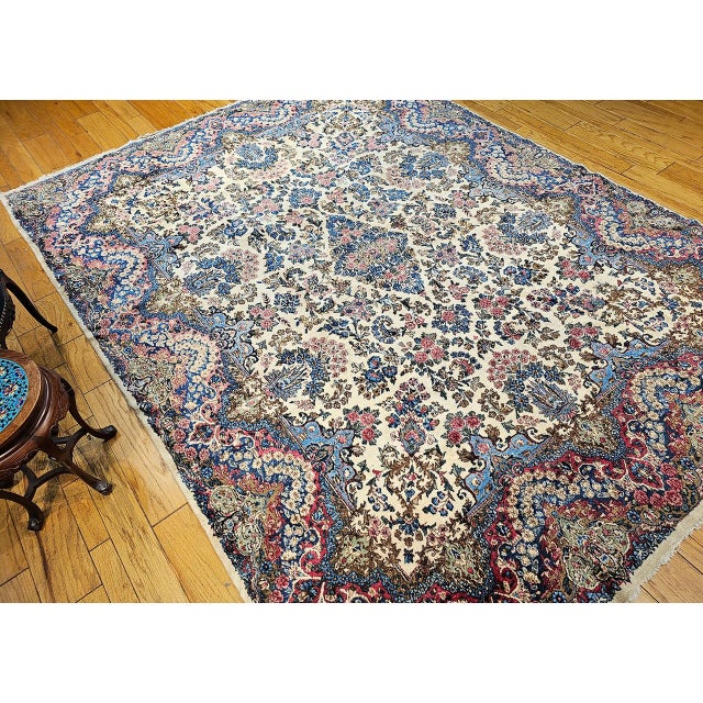 Vintage Persian Kerman Rug, Hand-Knotted Wool, Allover Floral Pattern, Ivory & Blue, 9x12 For Sale In Chicago - Image 6 of 17