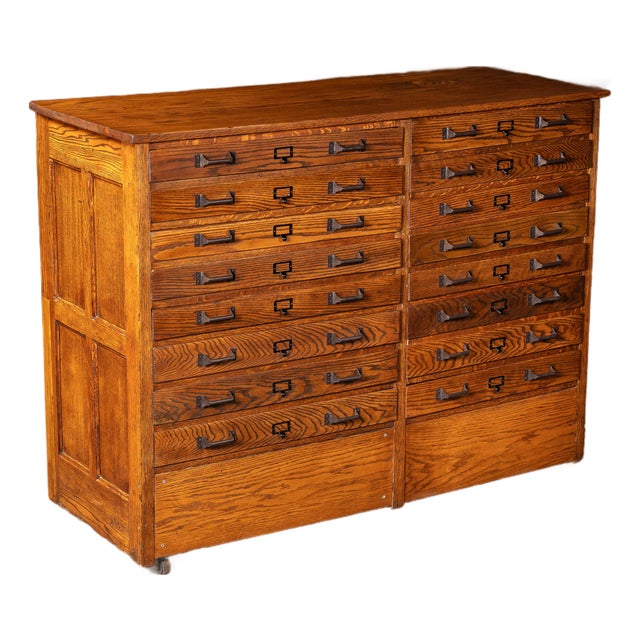 Antique 16-Drawer Quarter-Sawn Oak Rolling Flat File Cabinet For Sale