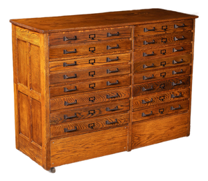 Antique 16-Drawer Quarter-Sawn Oak Rolling Flat File Cabinet
