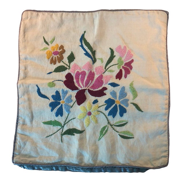 1970s Crewel Embroidered Floral Pillow Cover For Sale