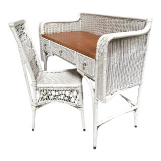1940s Shabby Chic White Wicker Mahogany Top Writing Secretary Desk W/ Chair For Sale