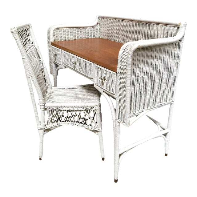 1940s Shabby Chic White Wicker Mahogany Top Writing Secretary Desk W/ Chair For Sale