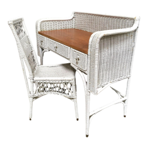 1940s Shabby Chic White Wicker Mahogany Top Writing Secretary Desk W/ Chair