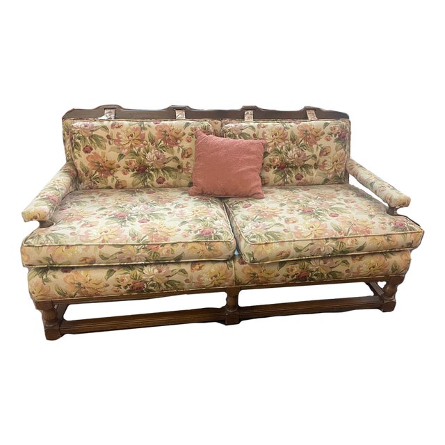 Vintage English Style Floral Upholstered Sofa With Carved Wood Frame For Sale