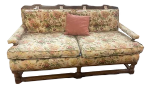 Vintage English Style Floral Upholstered Sofa With Carved Wood Frame