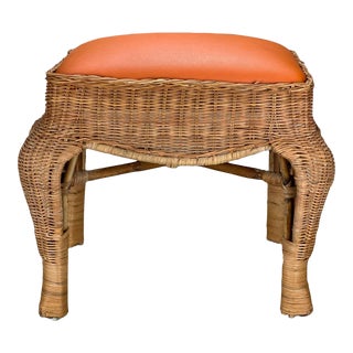 Mid-Century Boho Coastal Natural Wicker Rattan Ottoman Footstool For Sale
