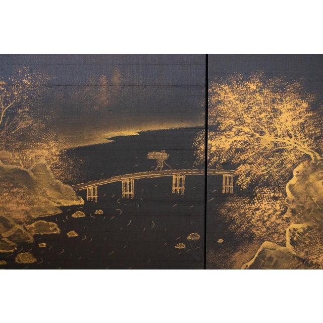 1960s 1960s Shōwa Era Japanese Monochrome Byobu Screen on Black Silk Background For Sale - Image 5 of 15